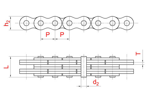 Схема: Пластинчатая цепь  LL1644 серии LL стандарта ISO 4347 (DIN 8152)