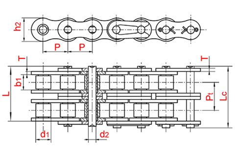 Схема: Двухрядная приводная втулочная цепь 04C-2 ISO-606